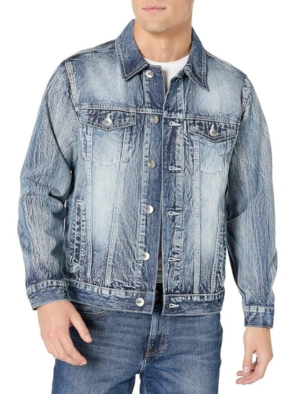 Art Class Denim Jacket Mens Size Medium Distressed Blue Button Front 100%Cotton